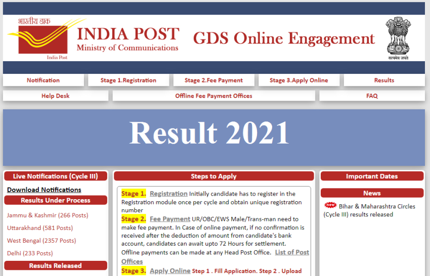 India Post GDS Result 2021