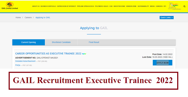 GAIL Recruitment Executive Trainee  2022