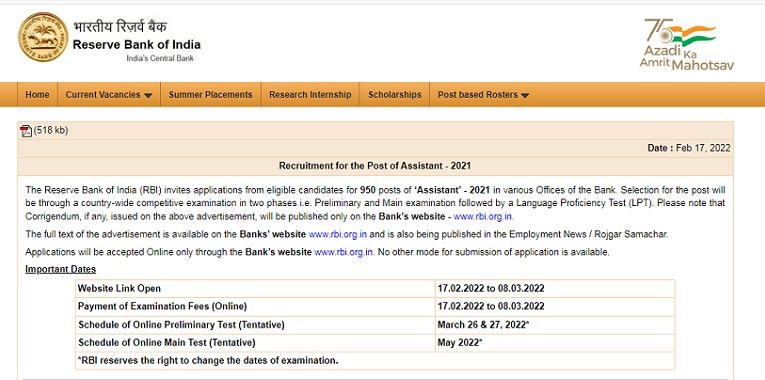 RBI Assistant Recruitment 2022 Apply Online for 950 Vacancies