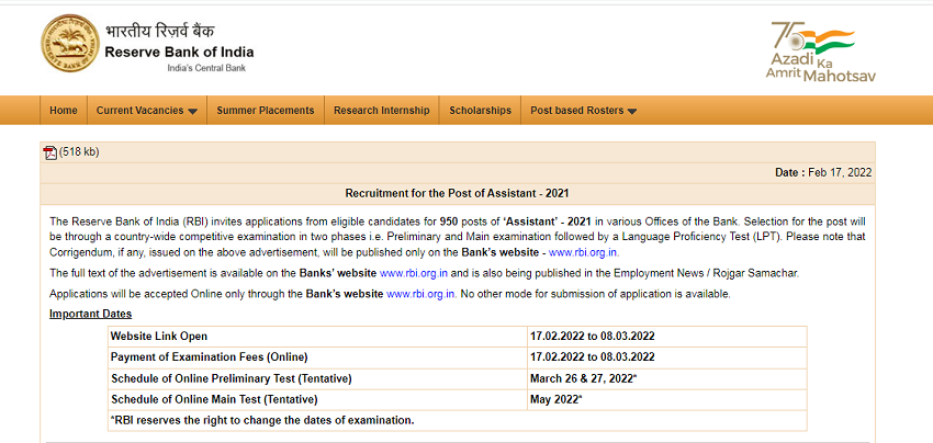 Online Application RBI Assistant Recruitment 2022