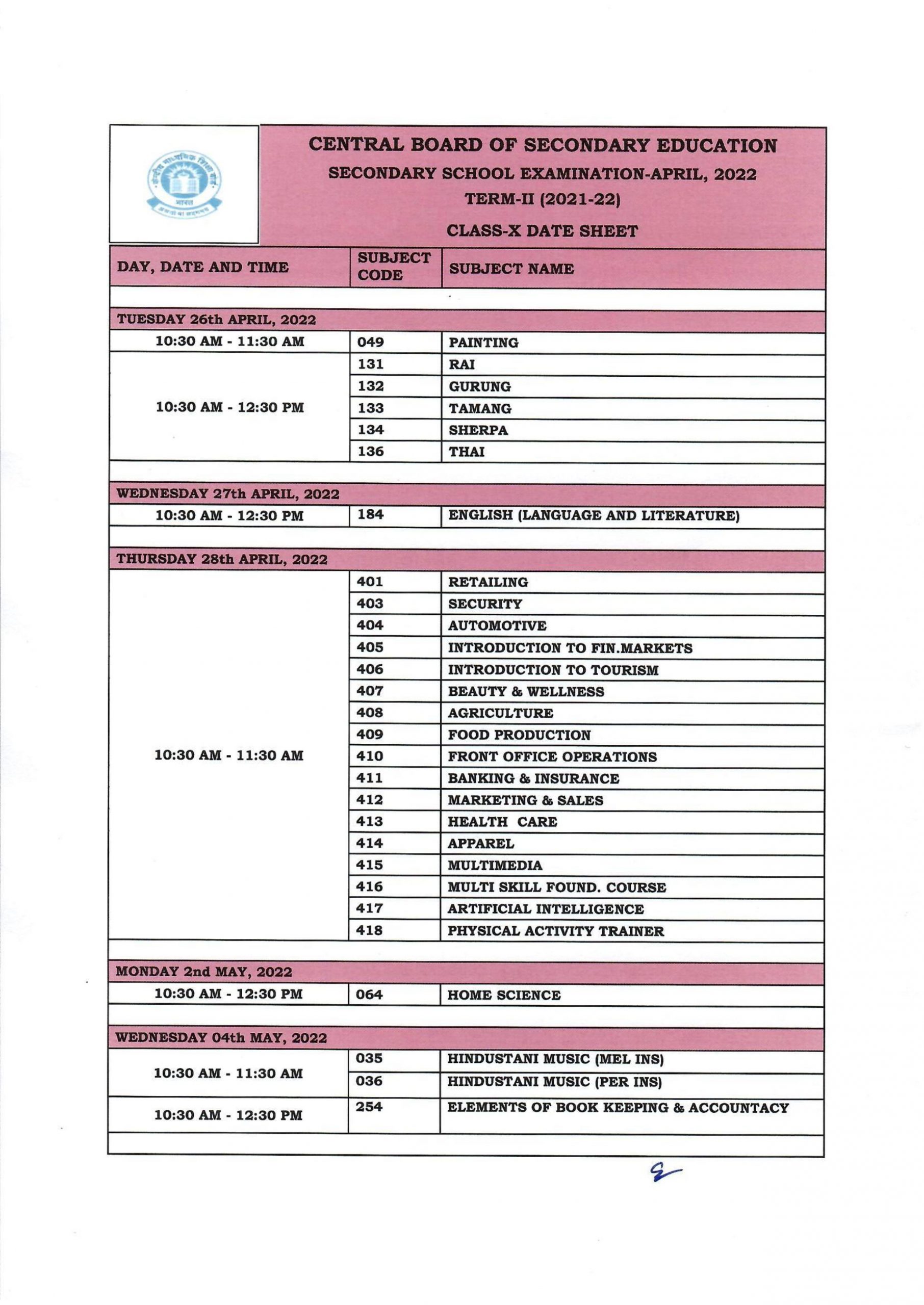 CBSE Class 10th Date Sheet Term II 2022