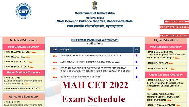 MAH CET 2022 Exam Tentative Schedule for All Common Entrance Tests A.Y. 2022-23