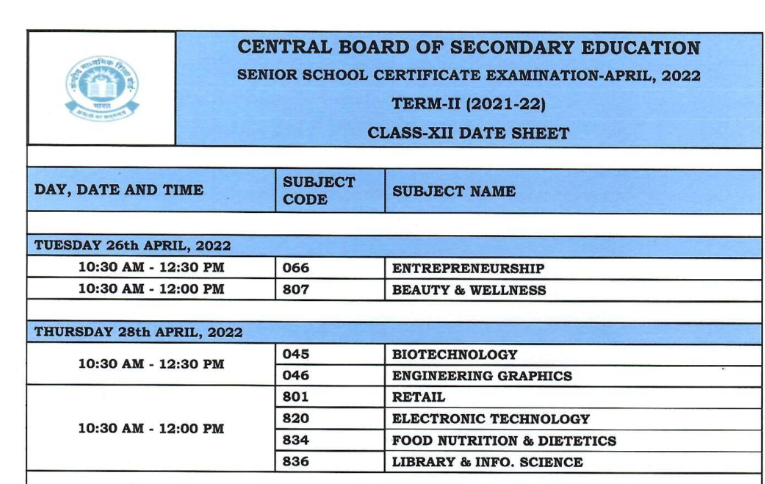 CBSE Class 12th Date Sheet Term II 2022