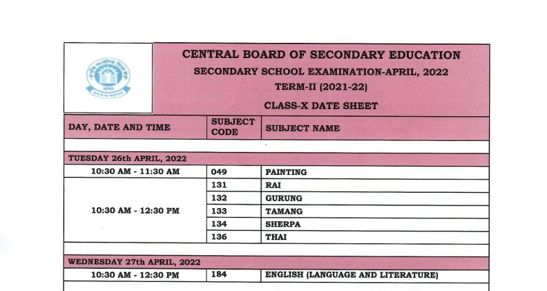 CBSE Class 10th Date Sheet Term II 2022