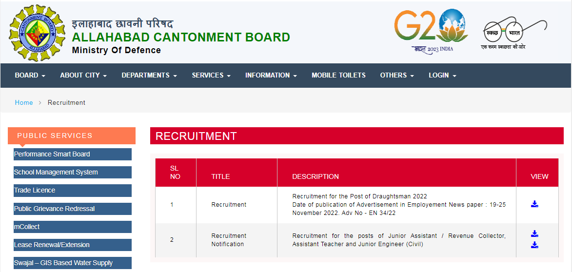 Cantonment Board Allahabad Recruitment- 2023