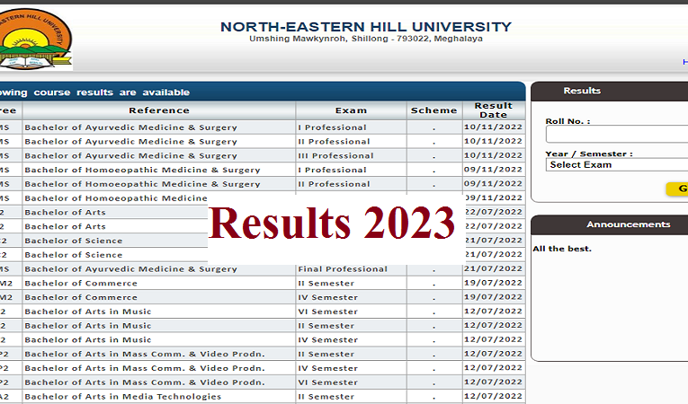 North-Eastern Hill University (NEHU) Result 2023 Out for BA BCom BSc MA MSc MCom
