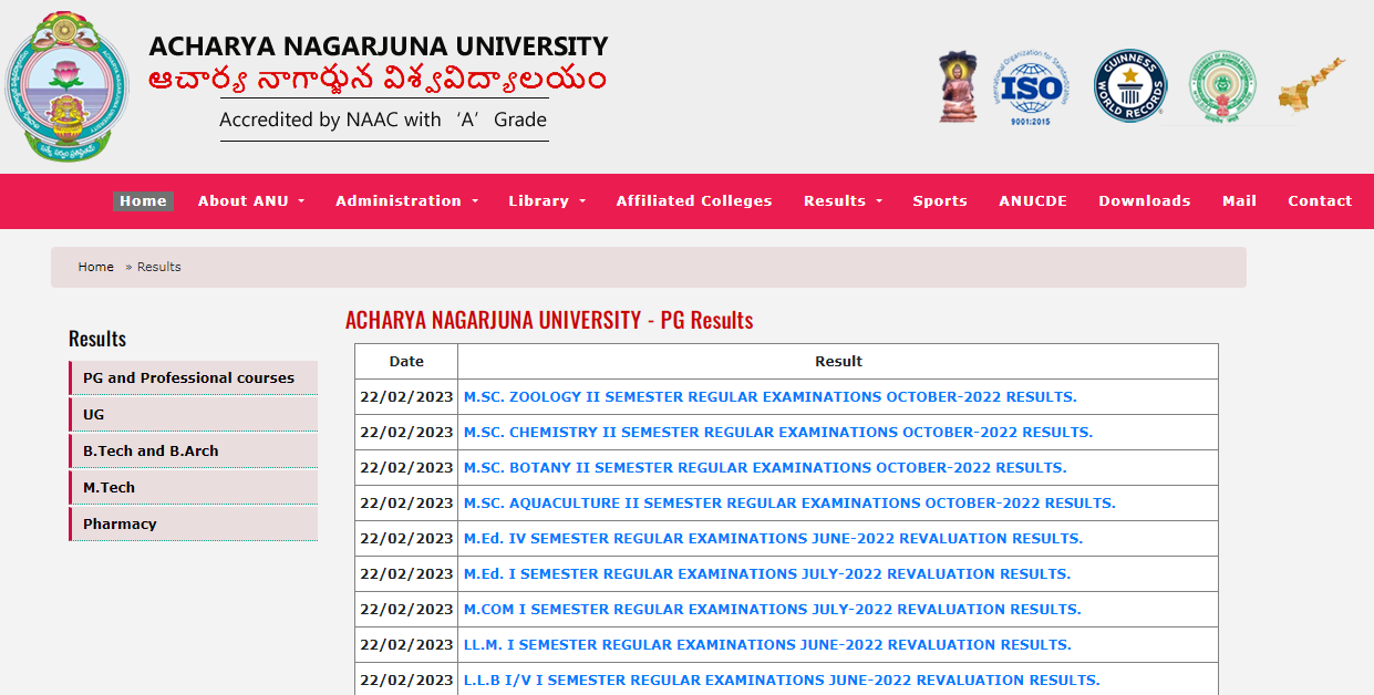 Nagarjuna University Results 2023