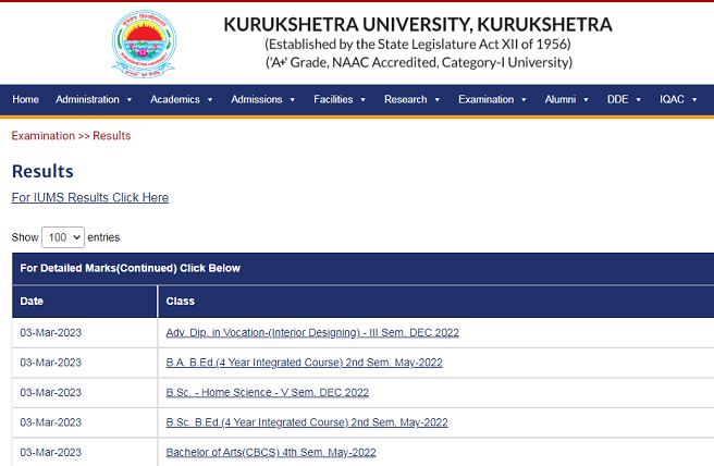 Kurukshetra University KUK Result- 2023 UG & PG