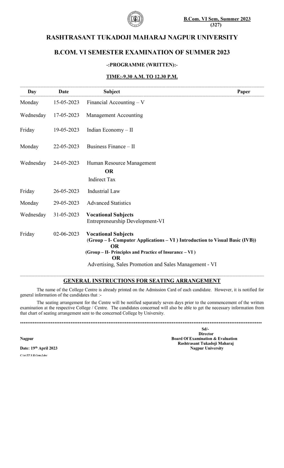 RTMNU Time Table Summer 2023 Download PDF Here