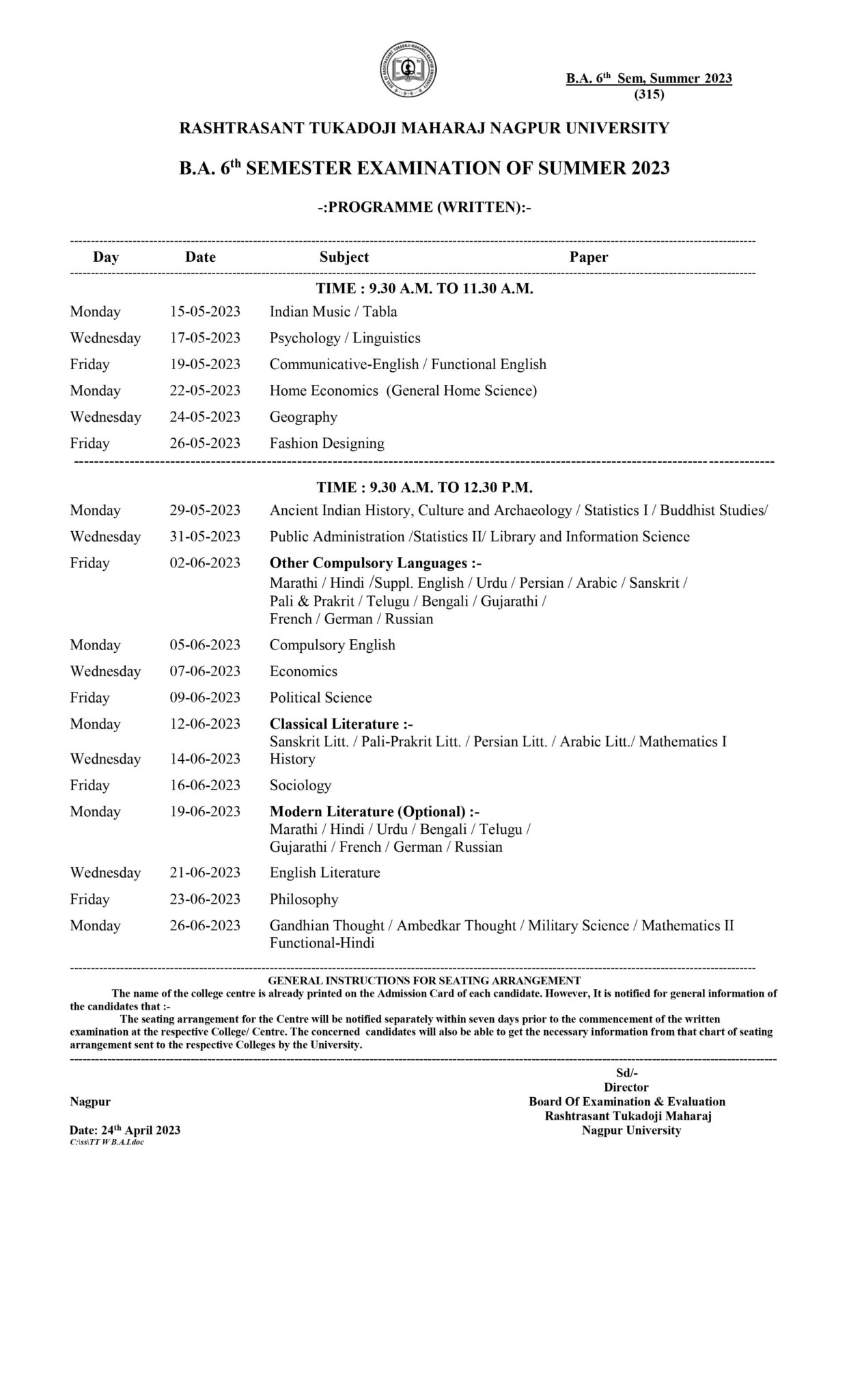 RTMNU Time Table Summer 2023 Download PDF Here