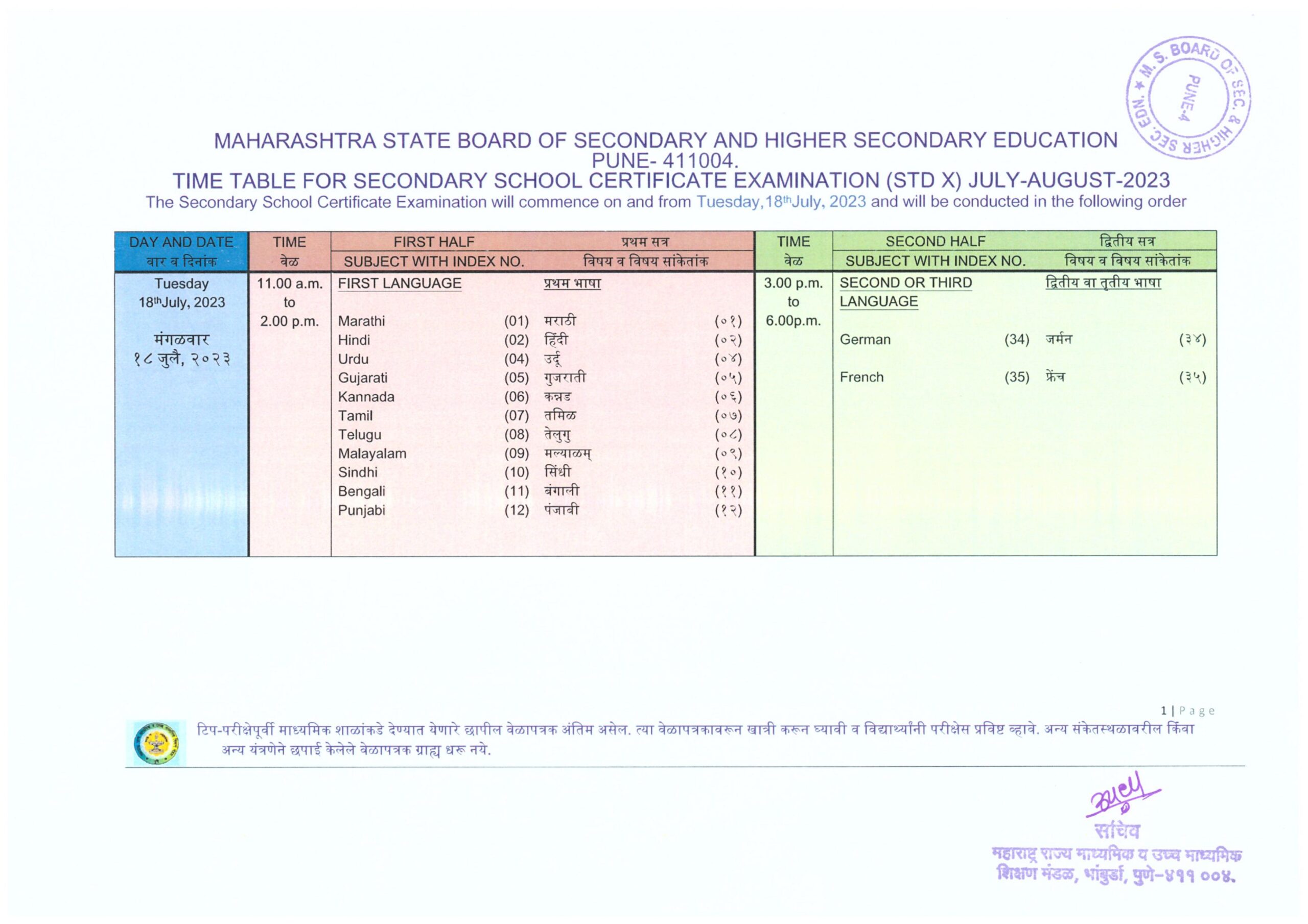 Class 12th Time Table July 2023