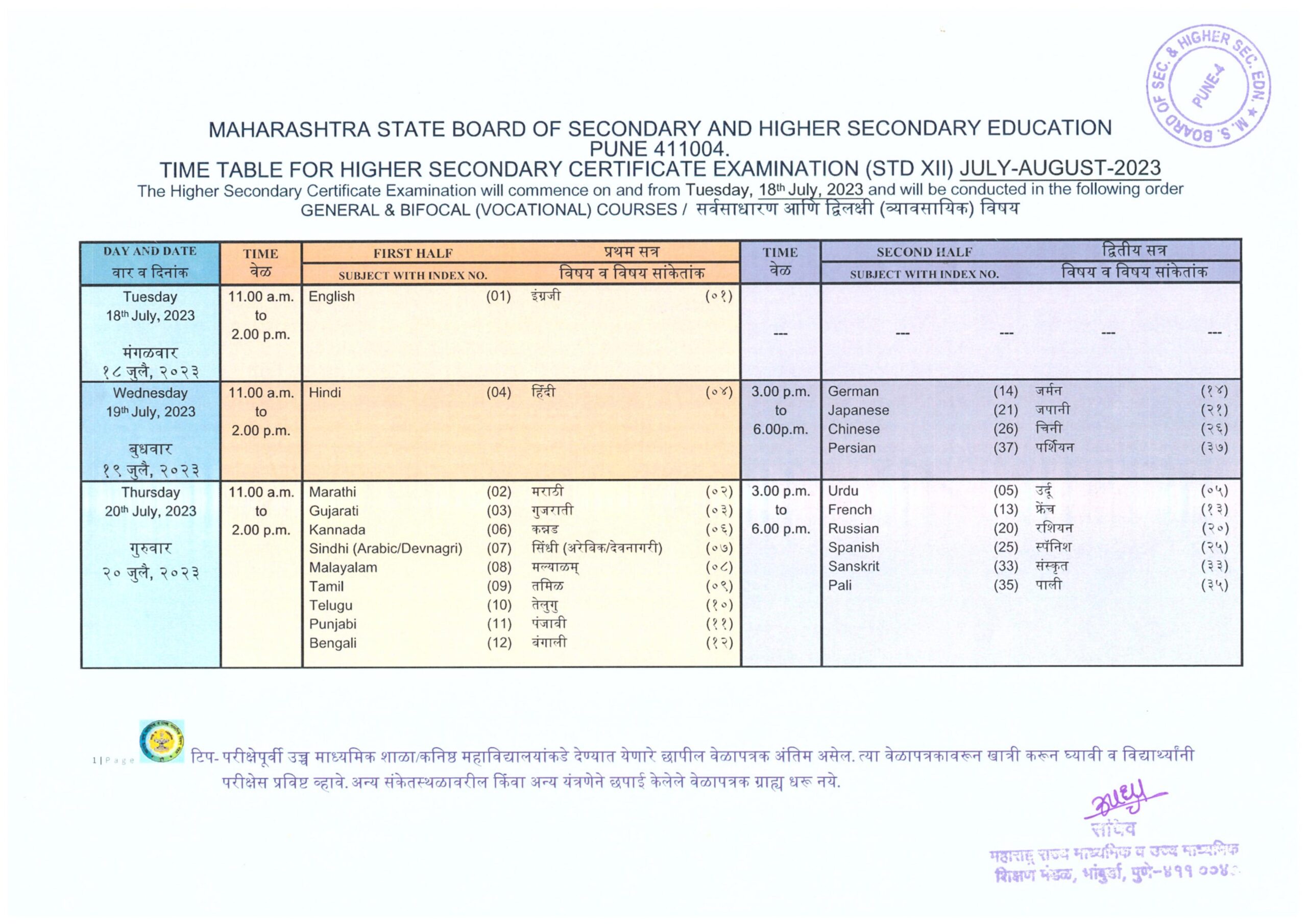 Maharashtra Board 10th 12th Time Table July 2023