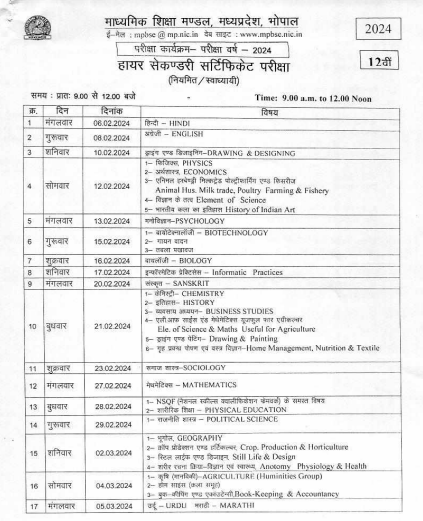 MP Board 10th 12th Time Table 2024
