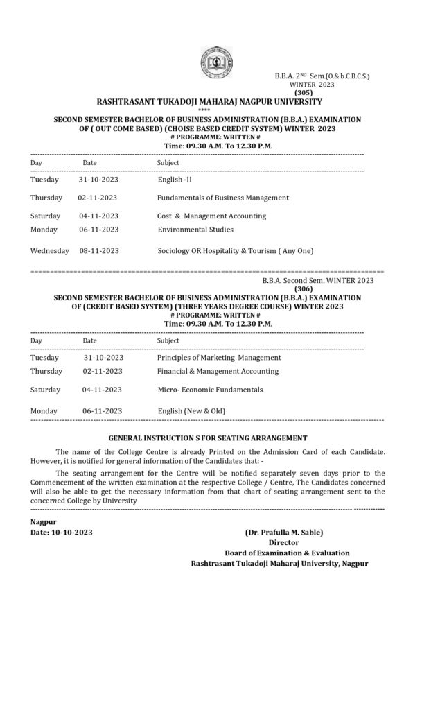 RTMNU BBAII Sem Winter 2023 Time Table Download PDF