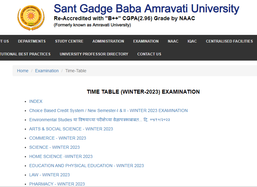 Amravati University Winter 2023 Time Table
