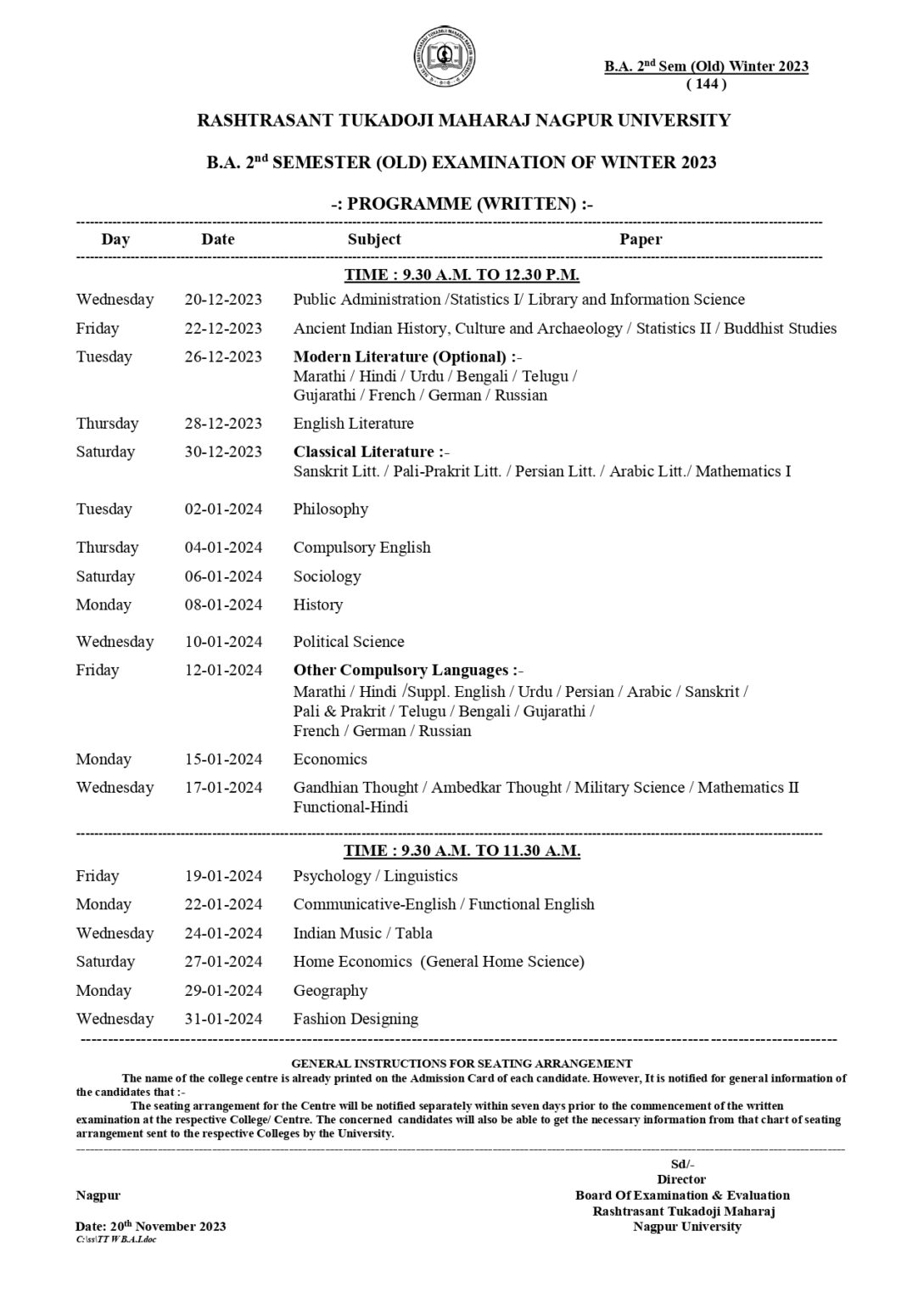 RTMNU BA II Sem Time Table Winter 2023 GetResults