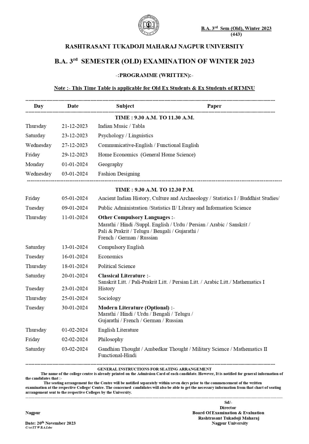 RTMNU BAIII Sem Time Table Winter 2023 Released