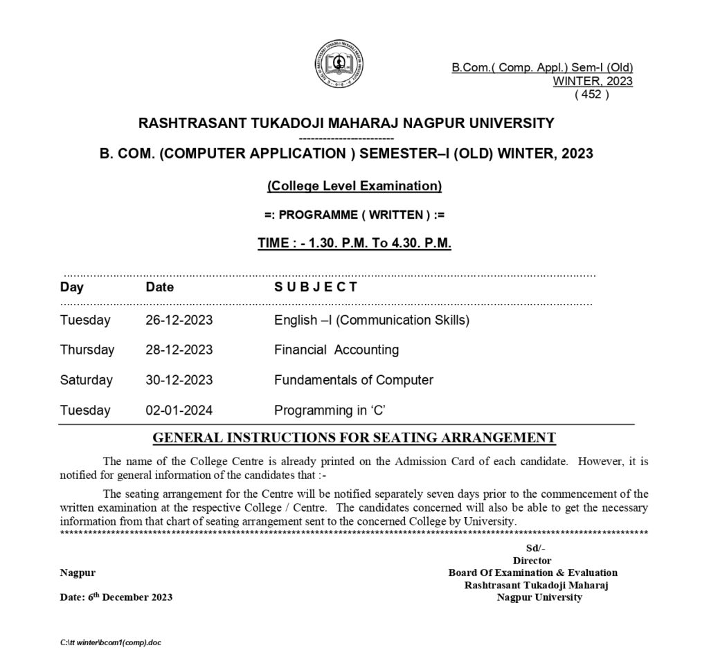 RTMNU BCCA I Sem Time Table Winter 2023 Released Download