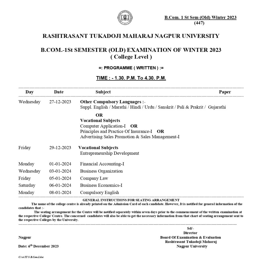 RTMNU BCom-I Sem Time Table Winter 2023 Download