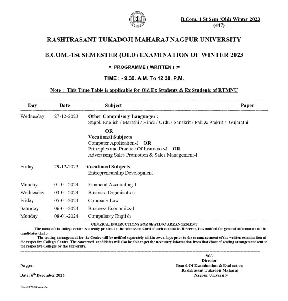 RTMNU BCom-I Sem Time Table Winter 2023 Download