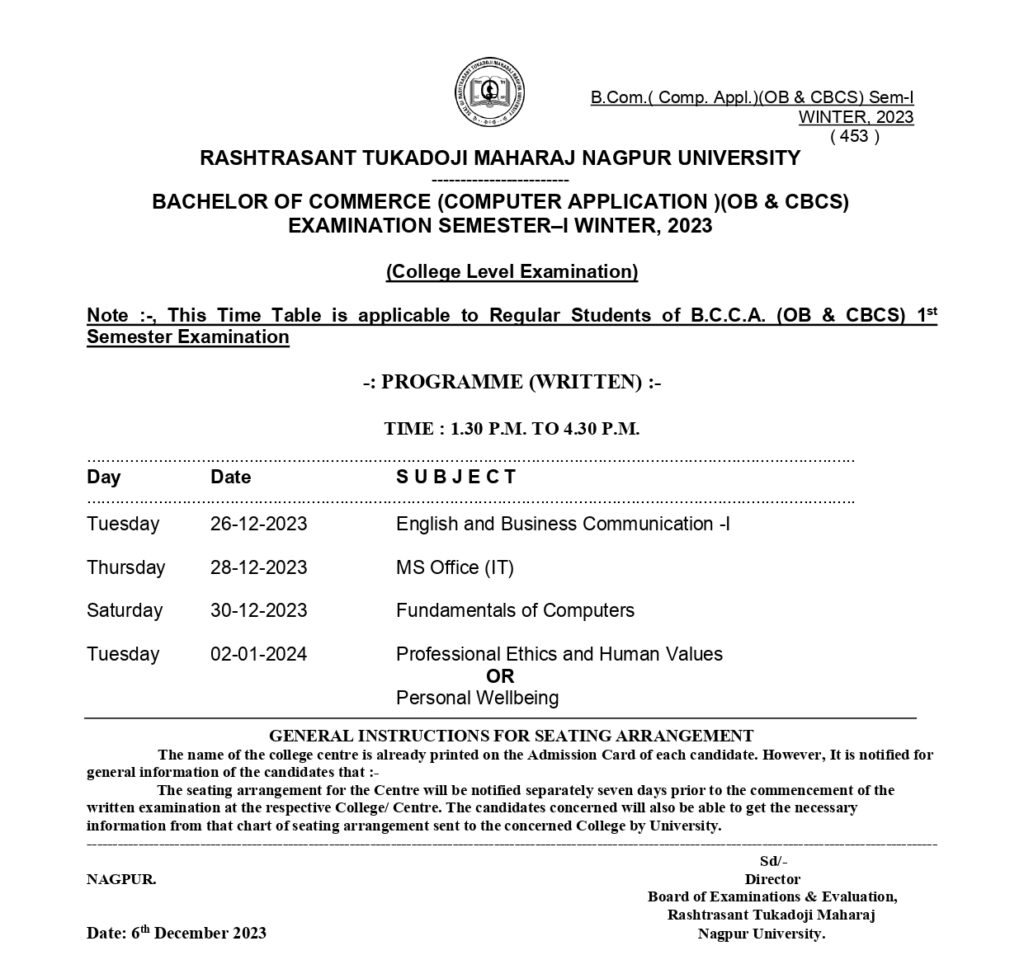 RTMNU BCCA I Sem Time Table Winter 2023 Released Download