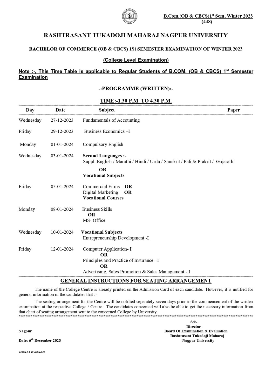 RTMNU Sem Time Table Winter 2023 Download