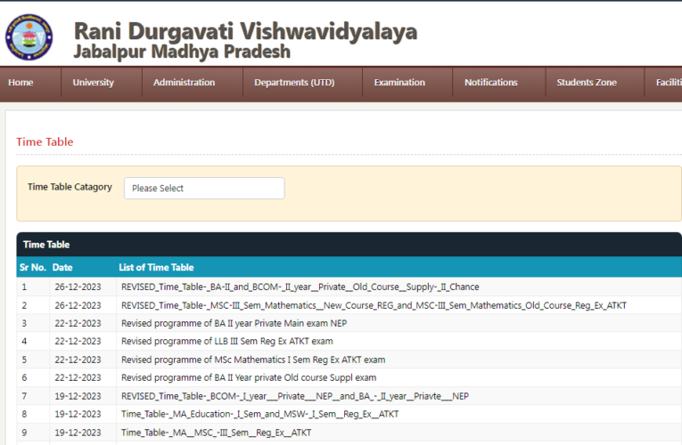 Rani Durgavati Vishwavidyalaya Time Table 2024 Released for BA, BSC, BCom BBA, BCA
