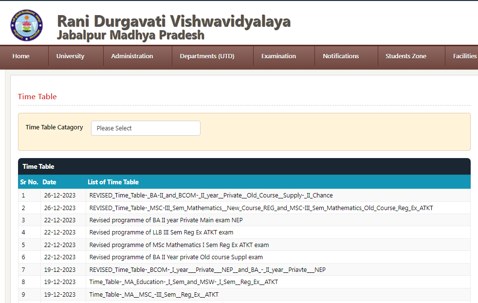 Rani Durgavati Vishwavidyalaya Time Table 2024