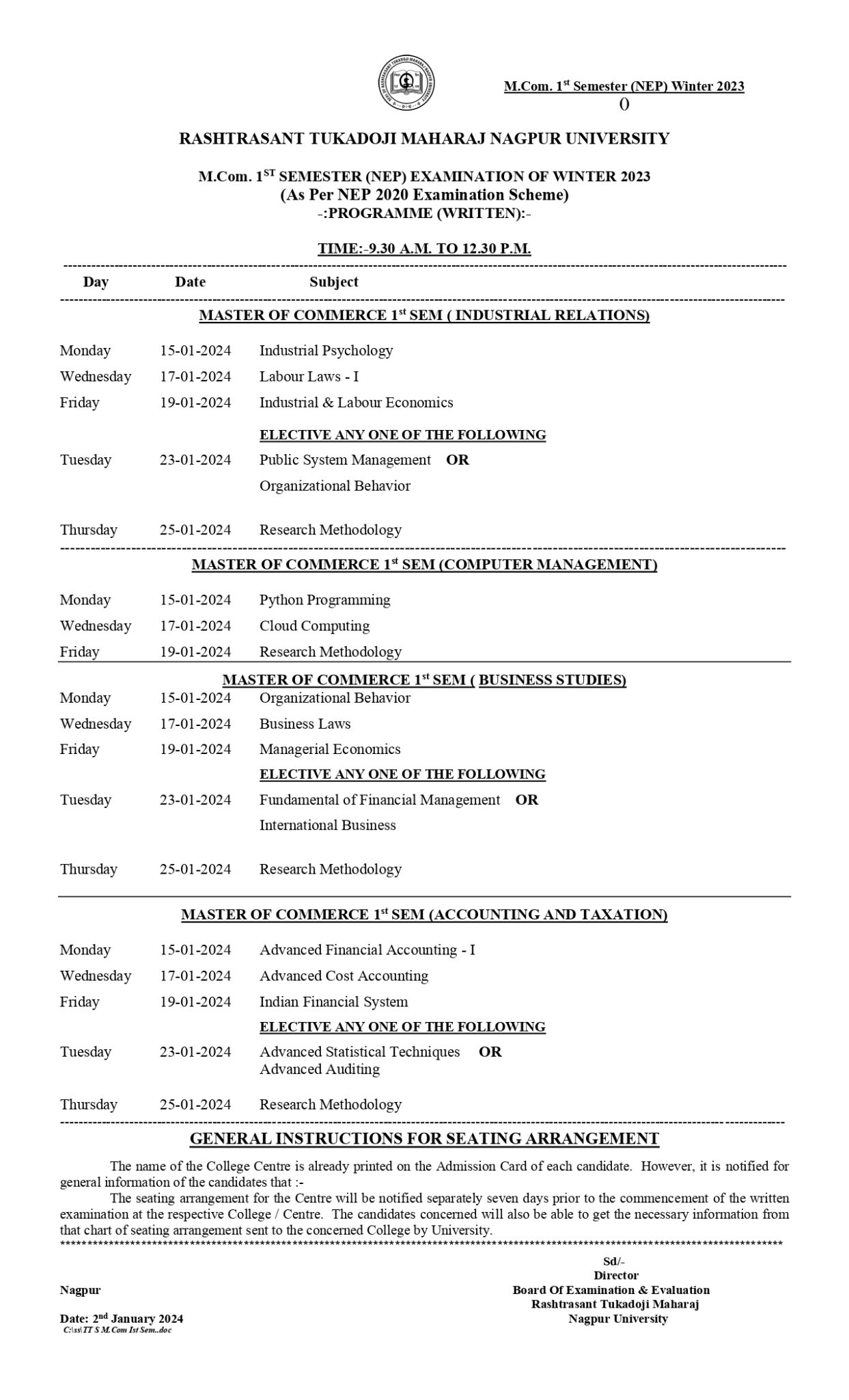 RTMNU 1 Sem Time Table 2023 GetResults