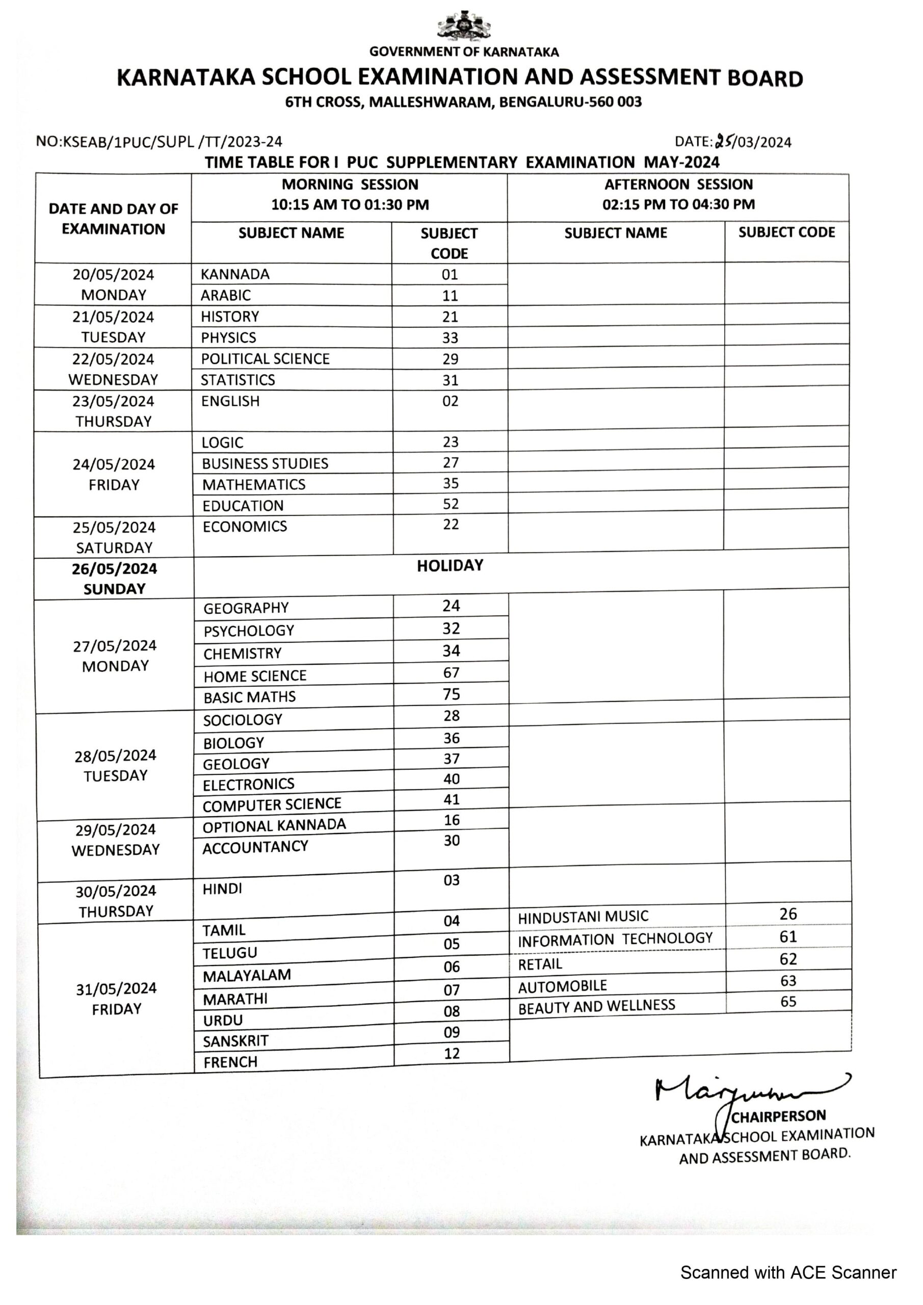 SSCL Karnataka Board Time Table 2024