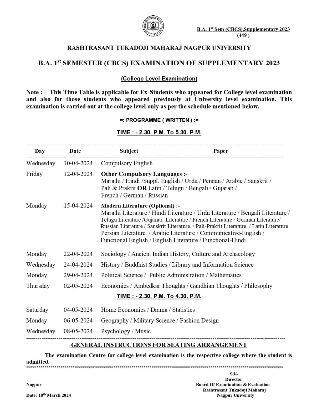 RTMNU BA 1 Sem Time Table Summer 2024 GetResults