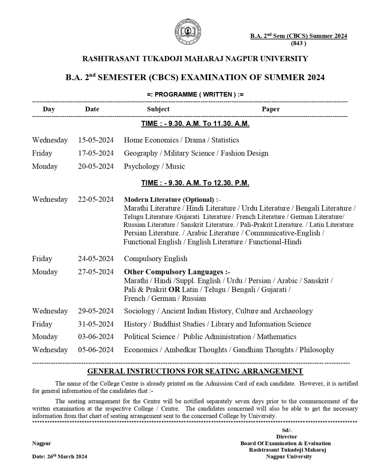 RTMNU BA 2 Sem Time Table Summer 2024