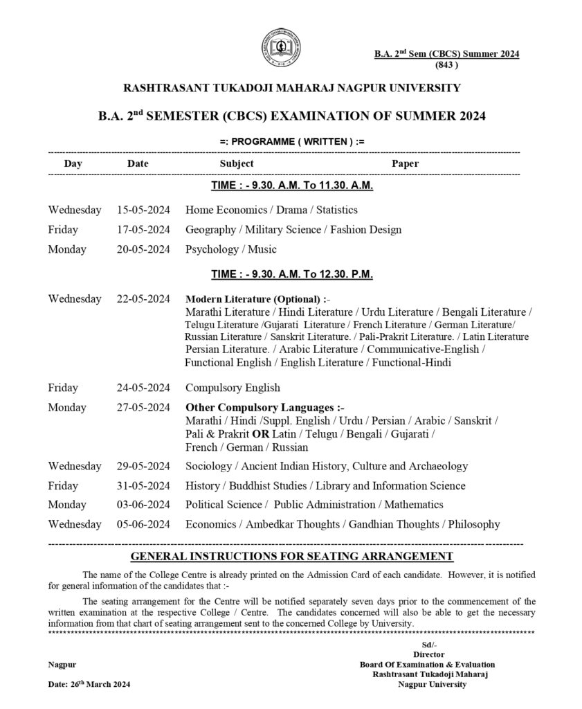 RTMNU BA 2 Sem Time Table Summer 2024