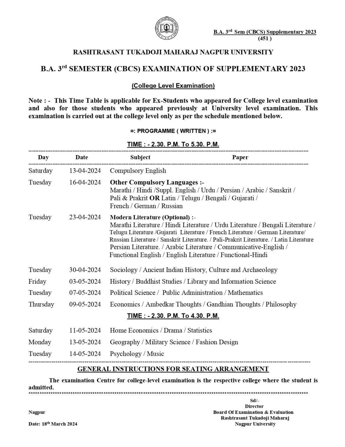 RTMNU BA 3 Sem Time Table Summer 2024 - GetResults