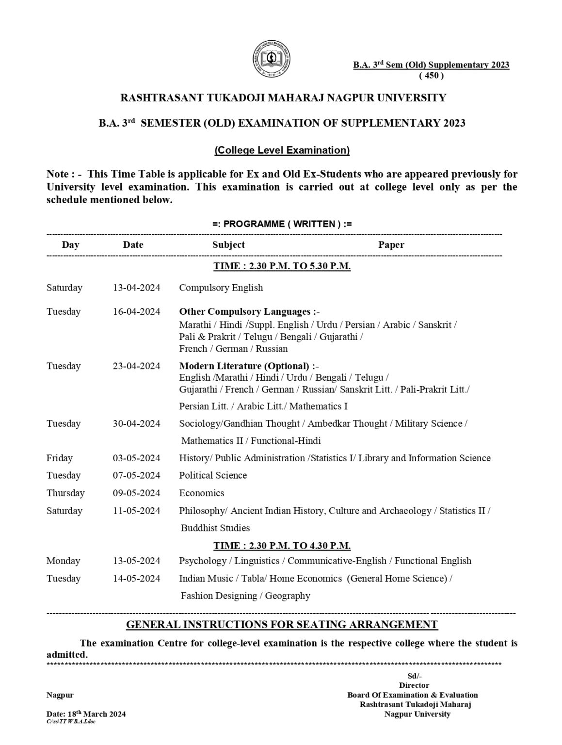 RTMNU BA 3 Sem Time Table Summer 2024 - GetResults