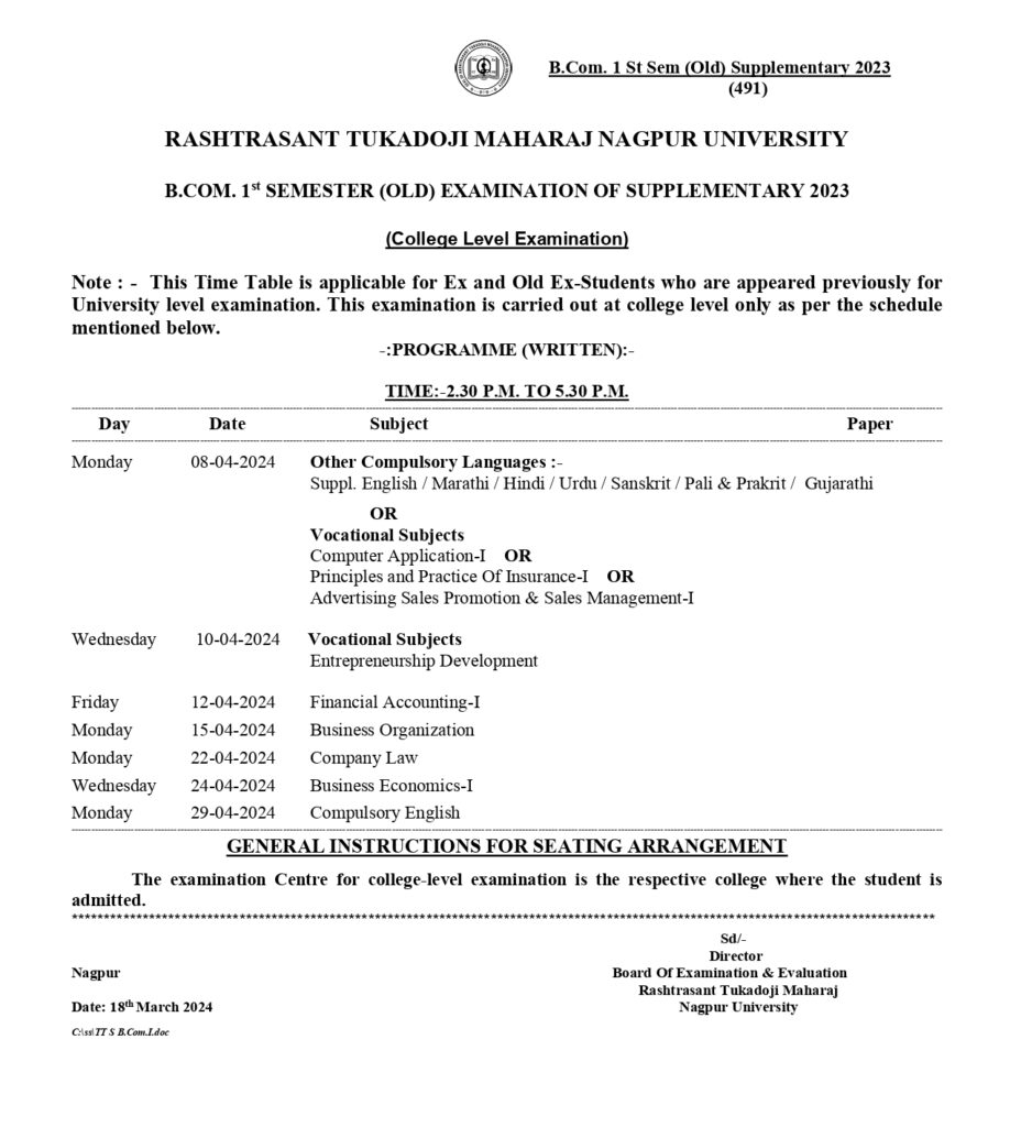 RTMNU 1 Sem Time Table Summer 2024 GetResults