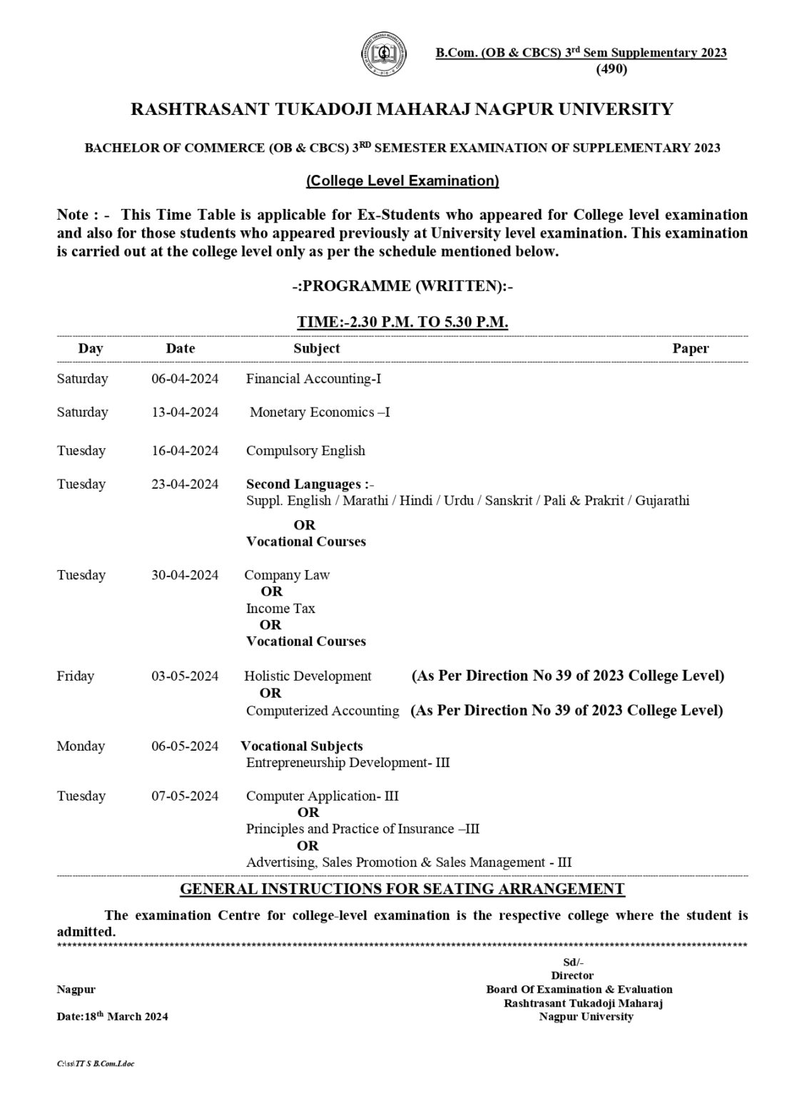 RTMNU BCom 3rd Sem Time Table Summer 2024 - GetResults