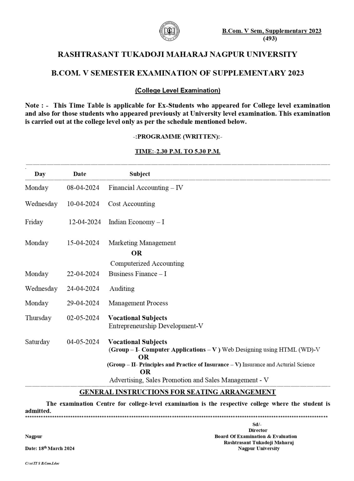 RTMNU 5th Sem Time Table Summer 2024 GetResults