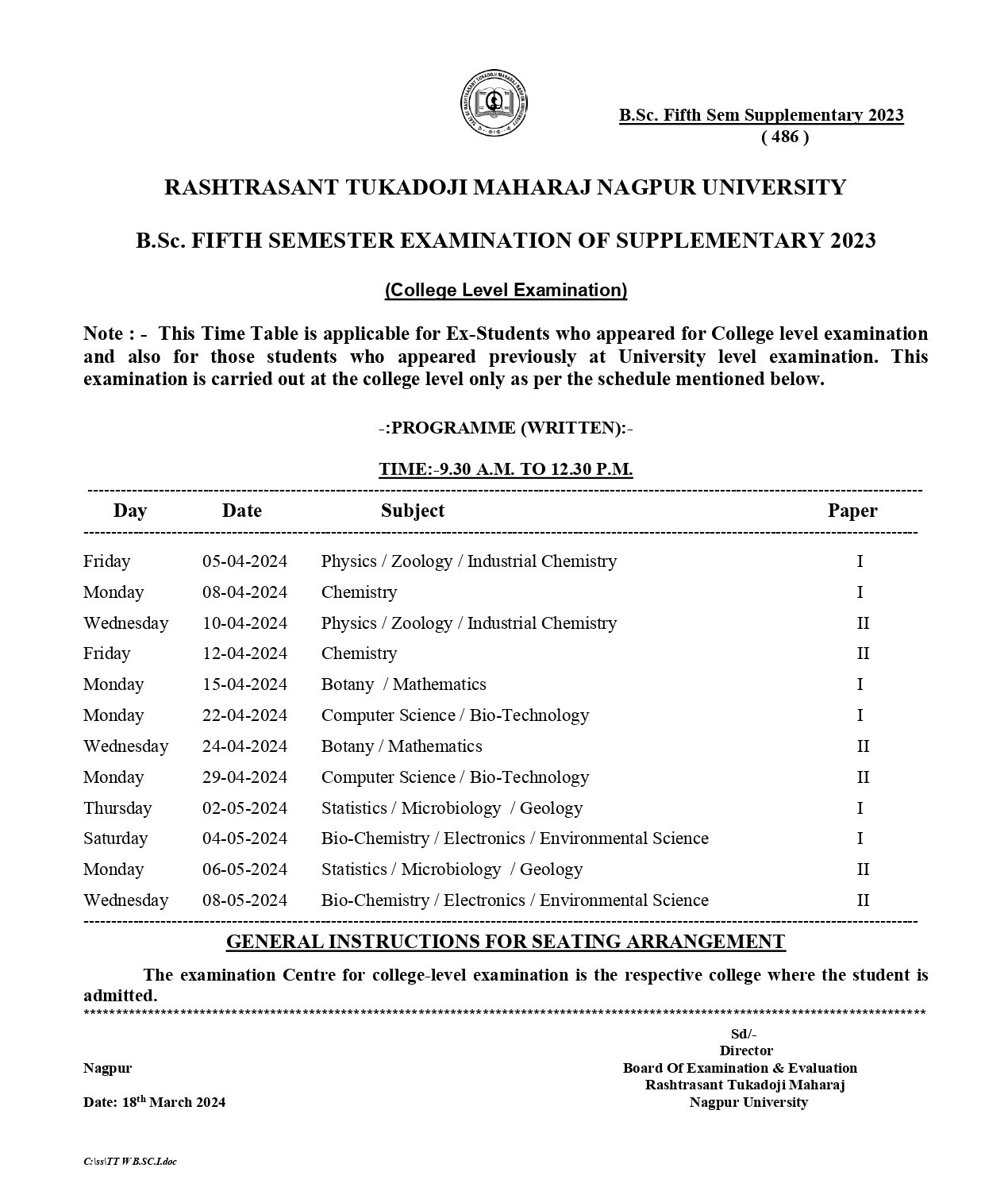 RTMNU BSc 1 3 5 Sem Time Table Summer 2024