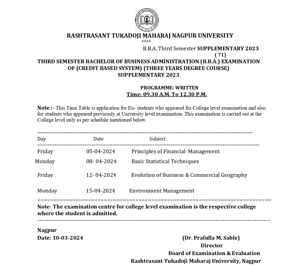 RTMNU BBA III Sem Time Table Summer 2024