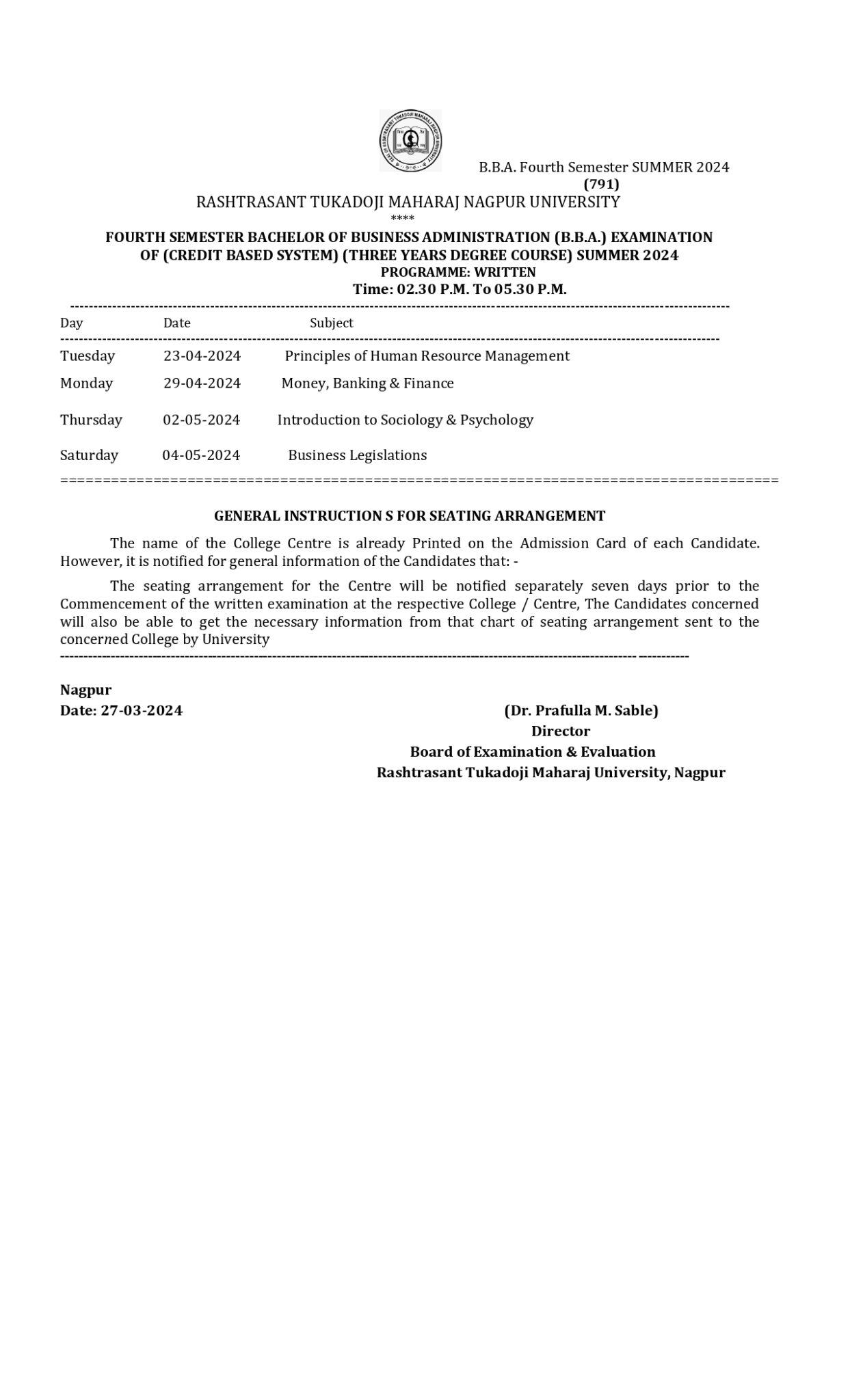 RTMNU BBA 4th Sem Time Table Summer 2024 GetResults