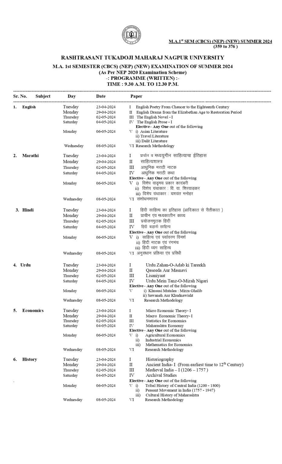 RTMNU MA 1 Sem Time Table Summer 2024 GetResults