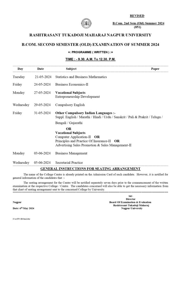 RTMNU 2 Sem Revised Time Table Summer 2024 Declared