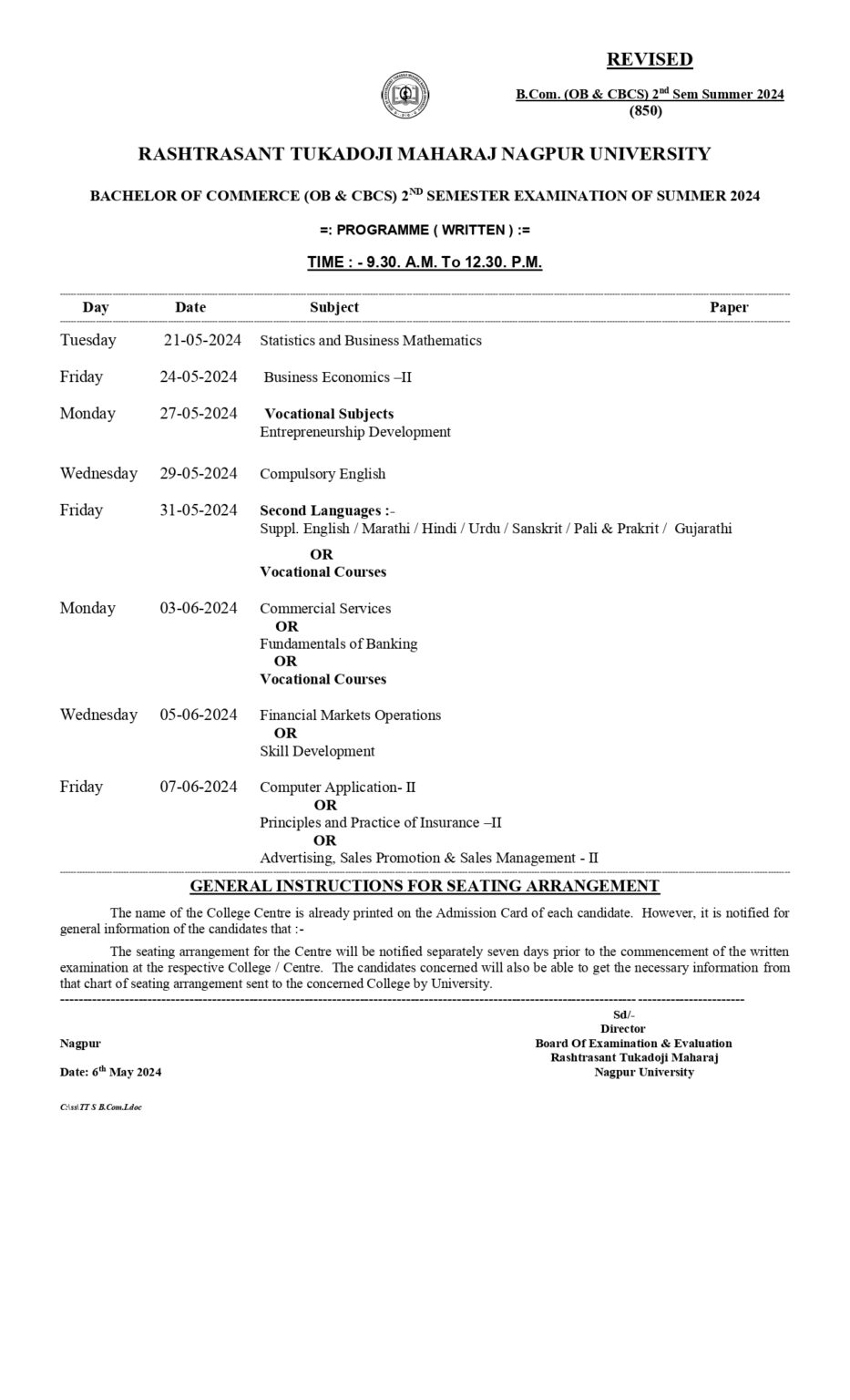 RTMNU 2 Sem Revised Time Table Summer 2024 Declared