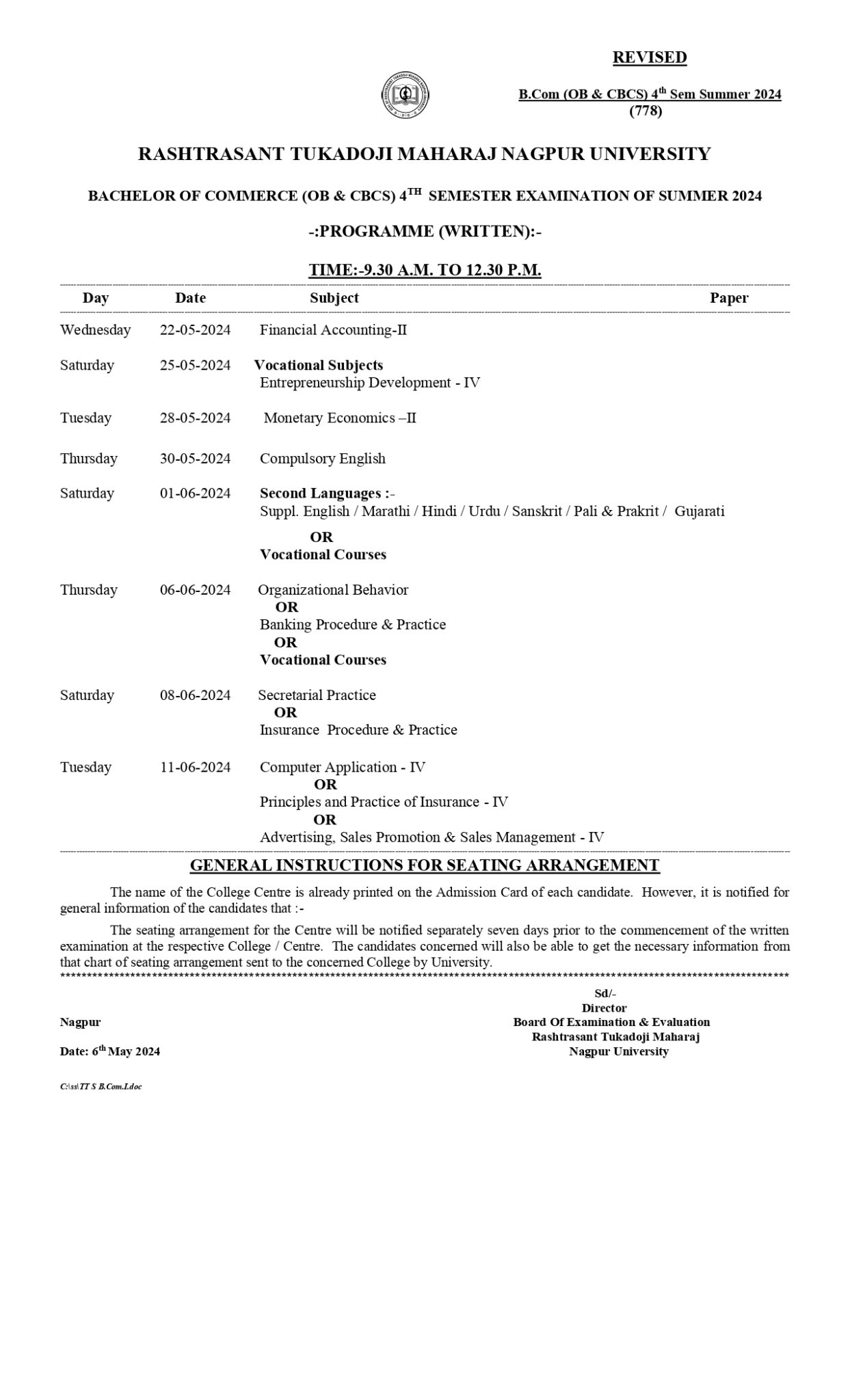 RTMNU 4th Sem Time Table Summer 2024 Revised