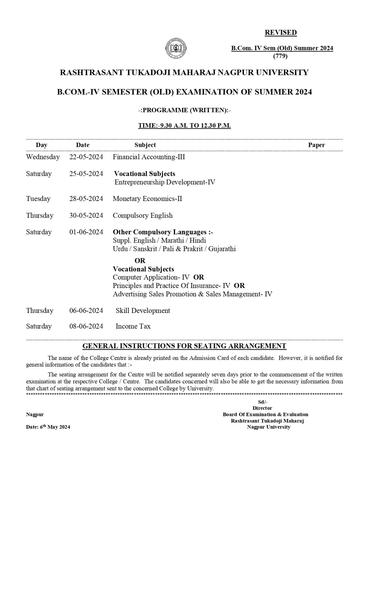 RTMNU 4th Sem Time Table Summer 2024 Revised