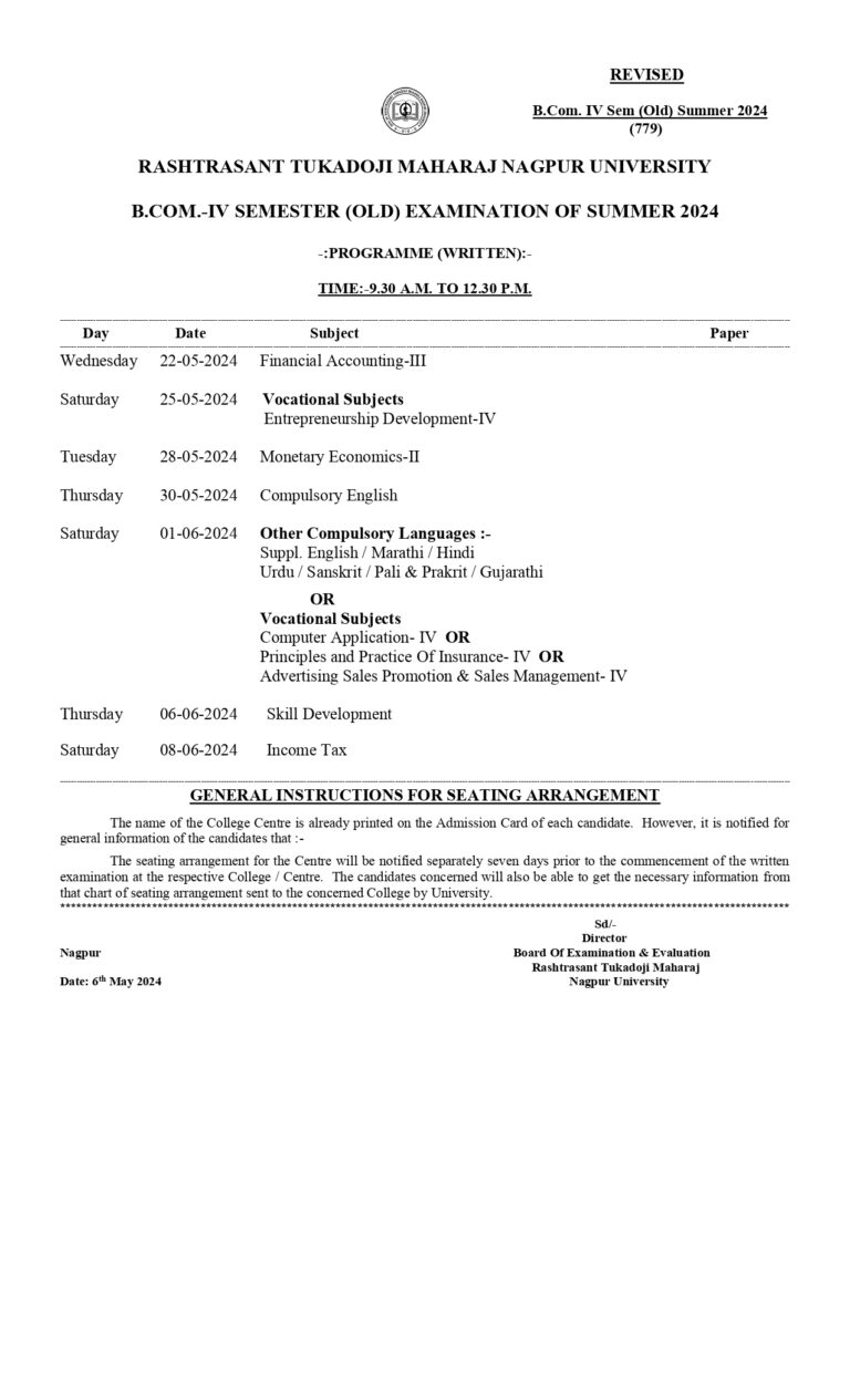 RTMNU 4th Sem Time Table Summer 2024 Revised