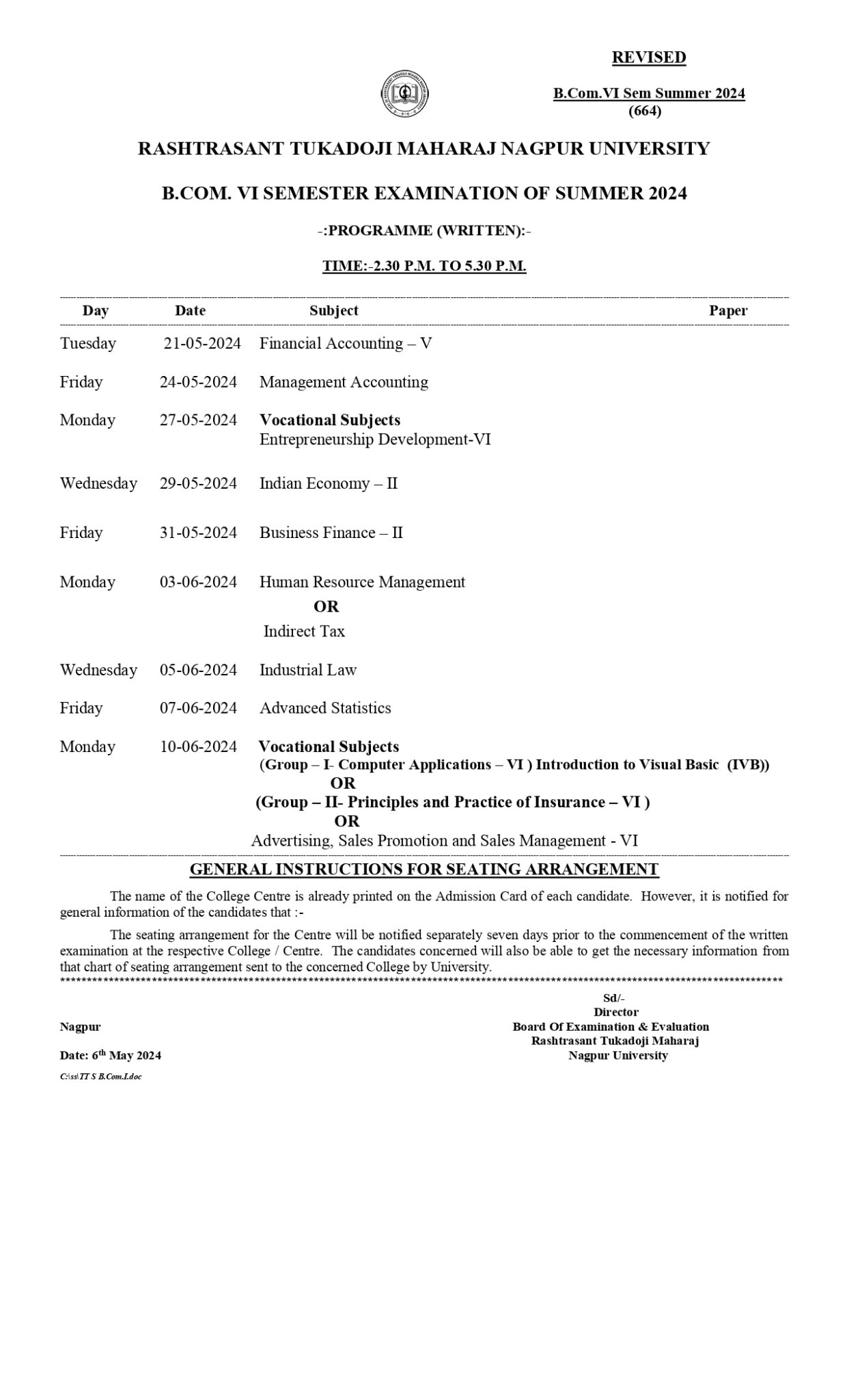 RTMNU B.Com 6th Sem Exam Revised Time Table Summer 2024