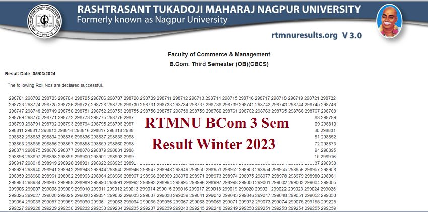 RTMNU BCom 3 Sem Result Winter 2023