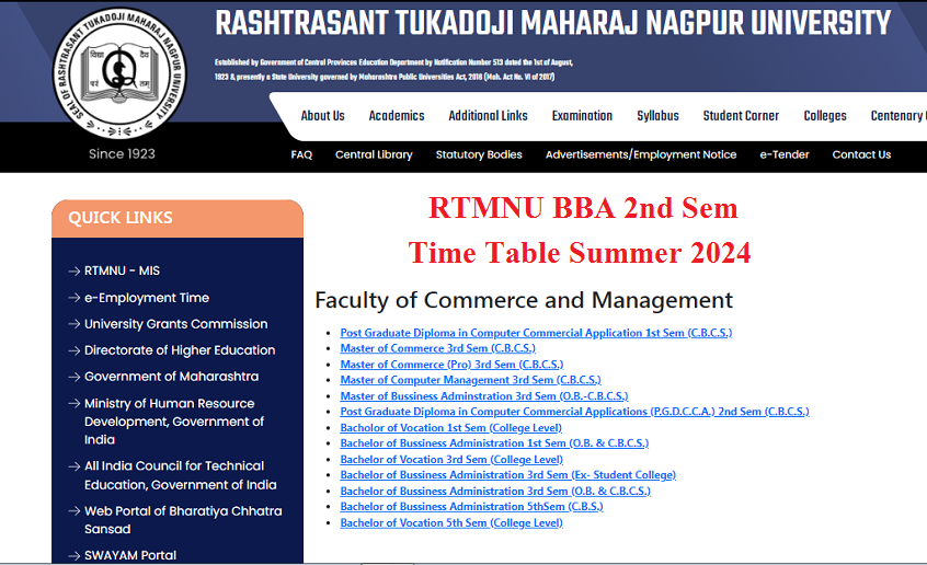 RTMNU BBA 2nd Time Table Summer 2024